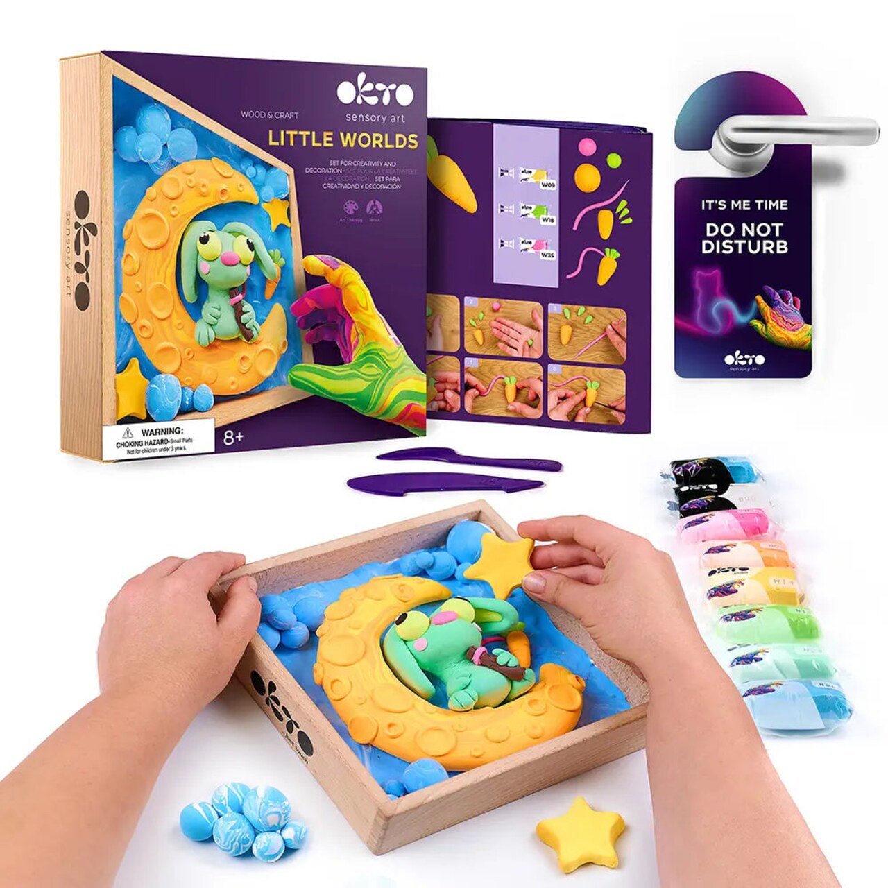 OKTO | DIY 3D Creative Air Dry Clay Modeling Kit for KIDS | "Little Worlds" BUNNY Moon| Wooden Frame 8.3x8.3 inch